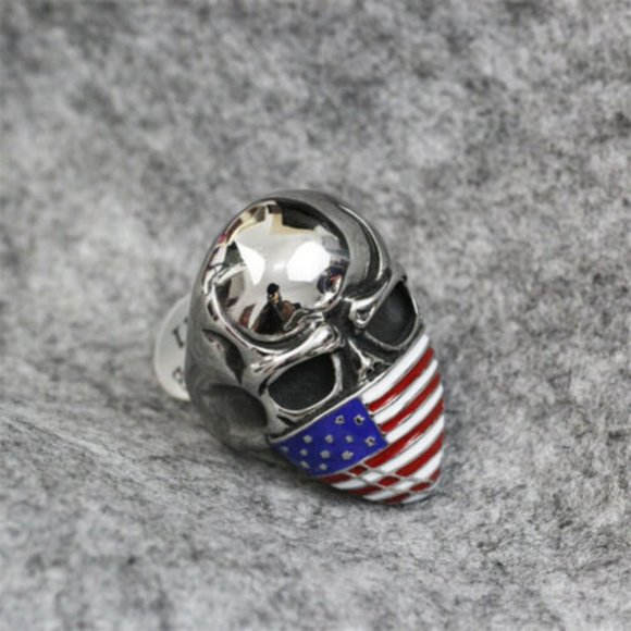 Stainless Steel Skull and American Flag Biker Ring - Picture 4 of 5